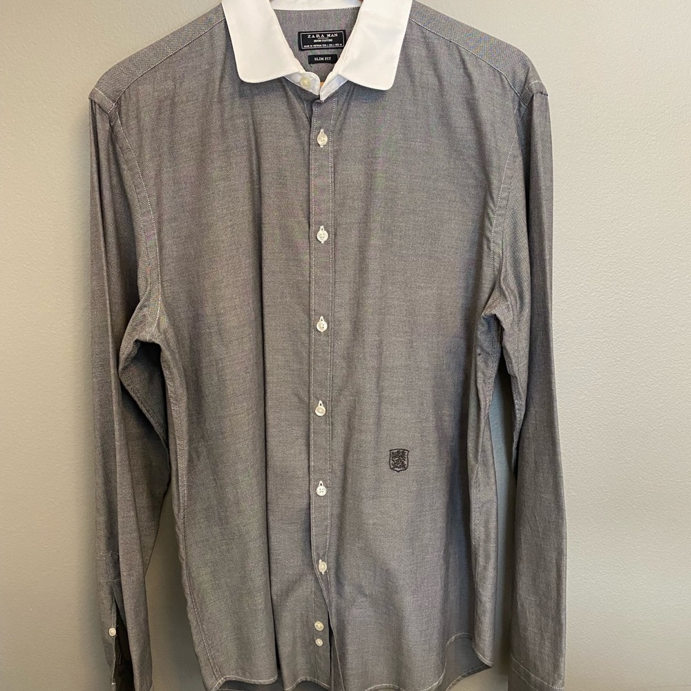ZARA MEN Slim Fit grey Dress Shirt, Large